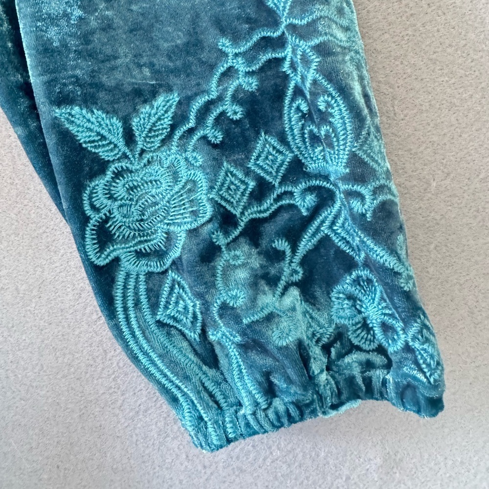 Johnny Was Crushed Velvet Peasant Blouse Teal Embroidered Boho Top Size S Tassel - Picture 5 of 9